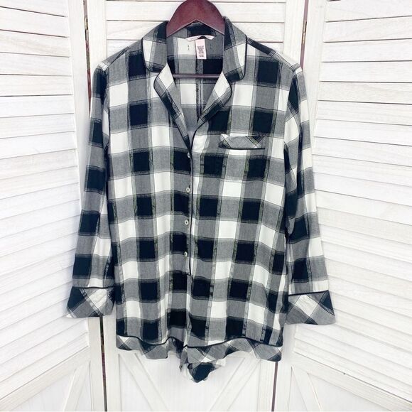 Victoria’s Secret Plaid Flannel Shorts Sleep Romper Black White Small - Picture 7 of 13